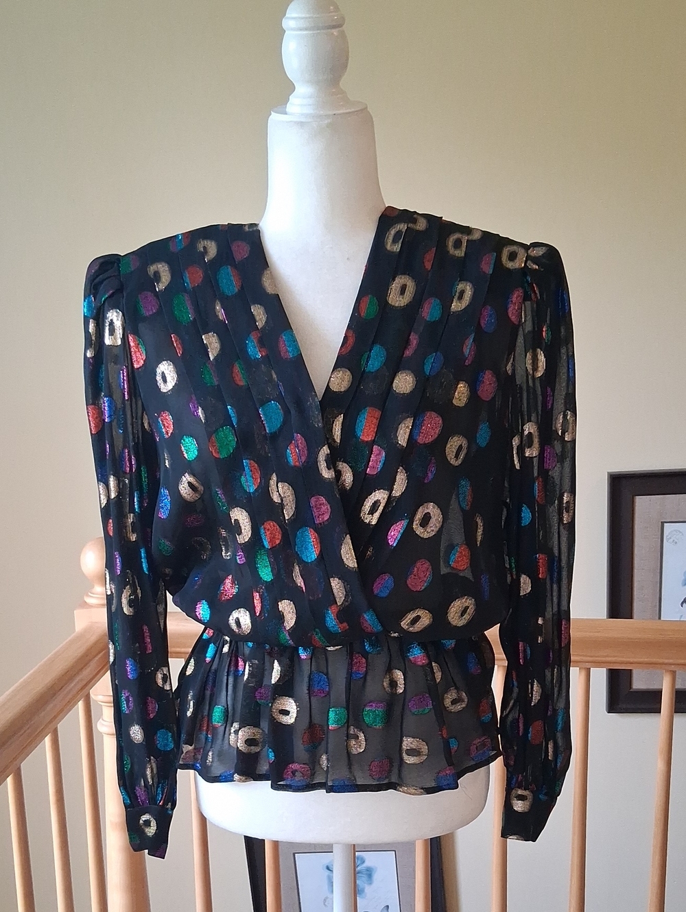 Vintage Lloyd Williams Metallic Bling Multi-Color Dot Wrap-Style Peplum Blouse